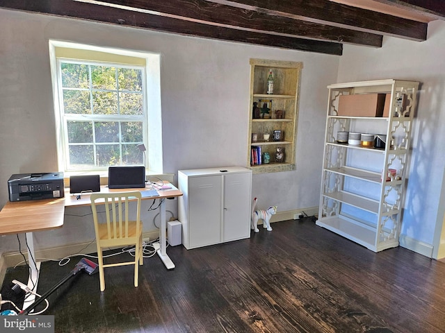 office area featuring beamed ceiling and dark wood-type flooring