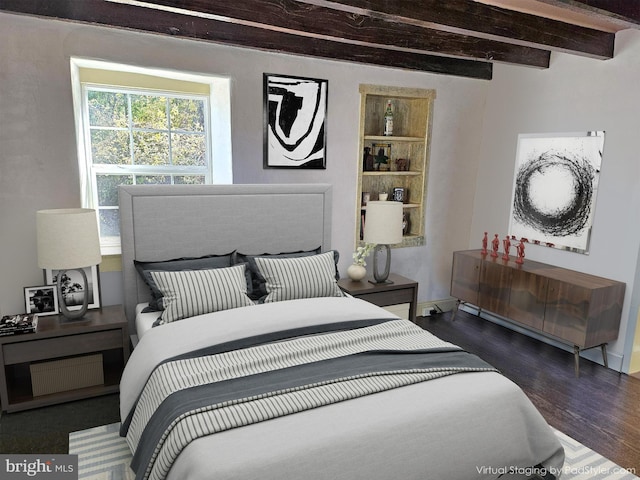 bedroom with beam ceiling and dark wood-type flooring