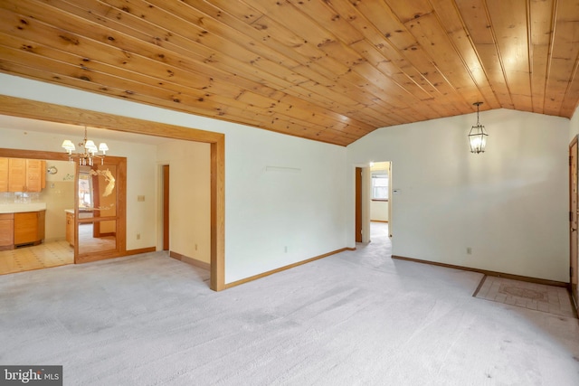 unfurnished living room with carpet flooring, wooden ceiling, and vaulted ceiling