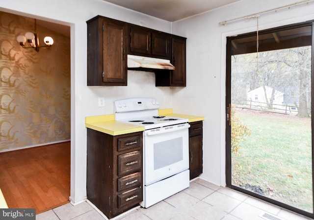 kitchen featuring a chandelier, white electric range, light hardwood / wood-style floors, and dark brown cabinets