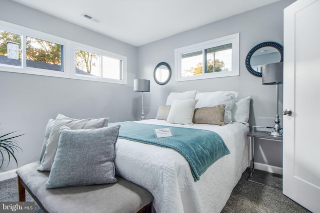 bedroom featuring dark carpet