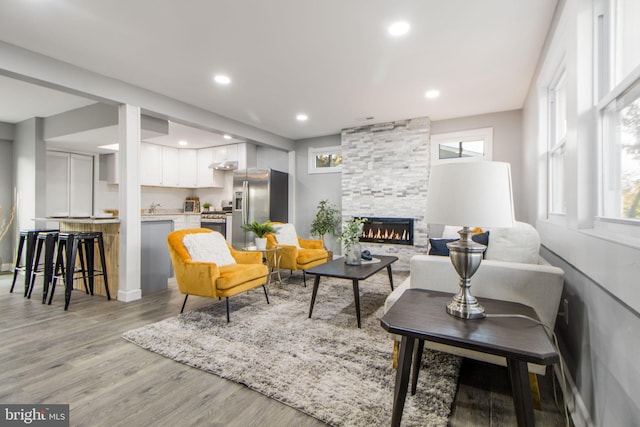 living room with light hardwood / wood-style flooring, a wealth of natural light, and a fireplace