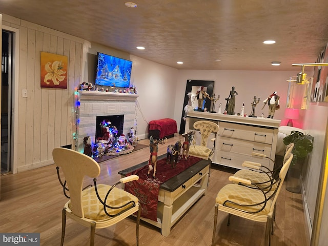 living room with a fireplace, light hardwood / wood-style flooring, and wooden walls