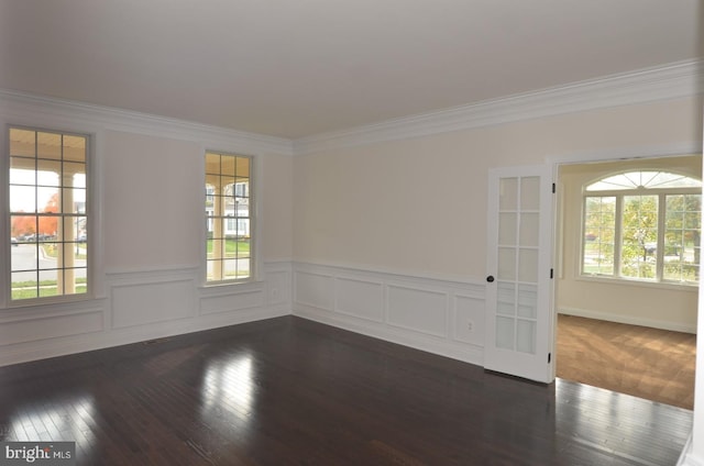 unfurnished room featuring a wealth of natural light, ornamental molding, and dark hardwood / wood-style floors