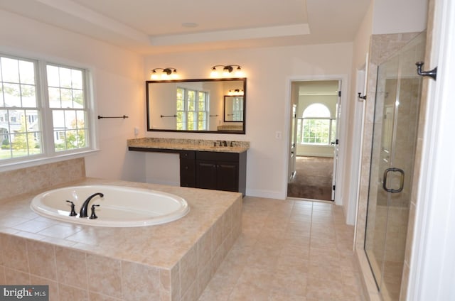 bathroom with vanity, separate shower and tub, and tile patterned flooring