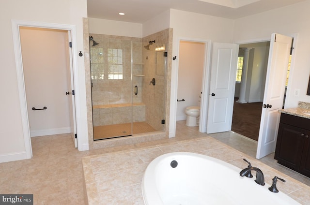 full bathroom featuring vanity, plus walk in shower, toilet, and tile patterned floors