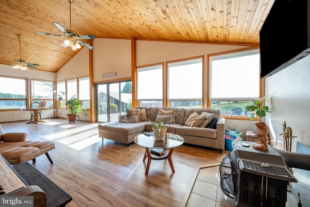 living room with wood ceiling, high vaulted ceiling, light hardwood / wood-style flooring, and ceiling fan