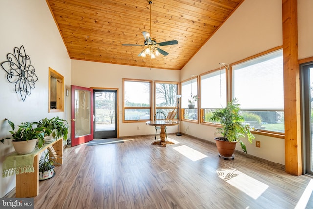 sunroom featuring ceiling fan, lofted ceiling, and wood ceiling