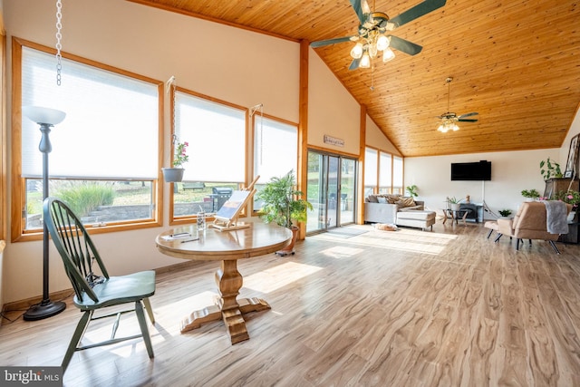 sunroom / solarium with vaulted ceiling, wood ceiling, and ceiling fan