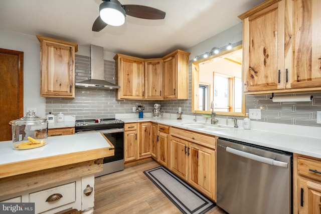 kitchen featuring tasteful backsplash, wall chimney range hood, sink, appliances with stainless steel finishes, and light hardwood / wood-style flooring