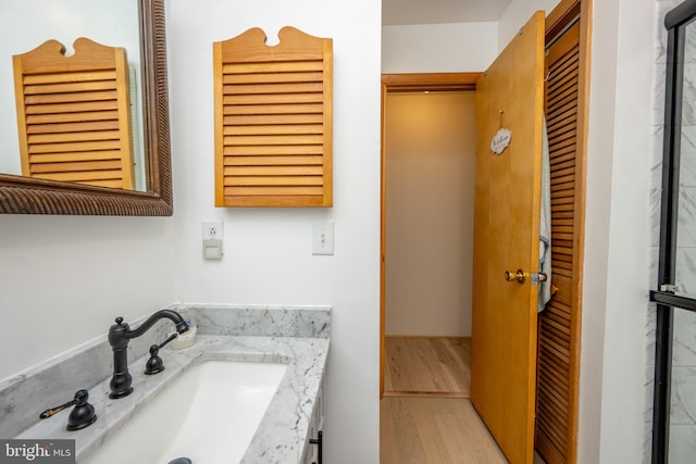 bathroom featuring vanity and hardwood / wood-style flooring