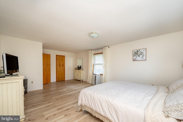 bedroom with light hardwood / wood-style flooring and radiator