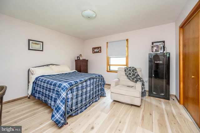 bedroom featuring wood-type flooring and a closet