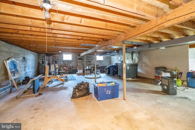 basement featuring heating unit