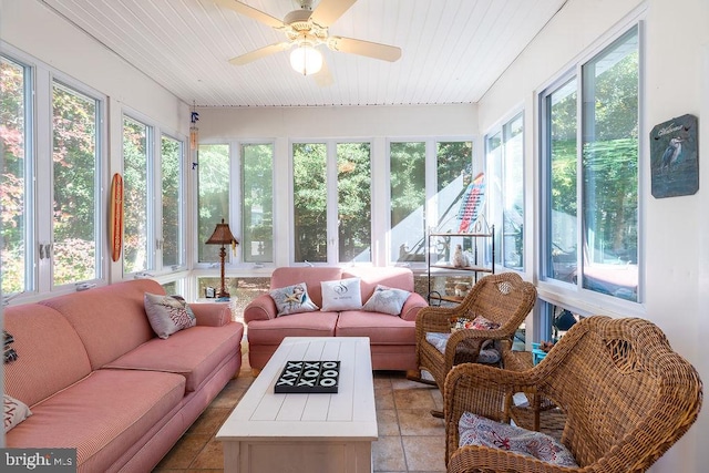 sunroom with a healthy amount of sunlight and ceiling fan