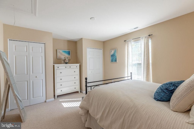 carpeted bedroom with two closets