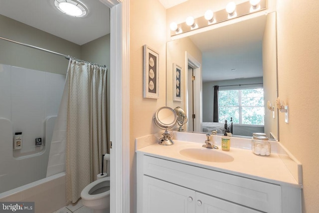 full bathroom featuring toilet, vanity, shower / bath combination with curtain, and tile patterned flooring