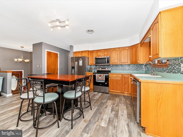 kitchen featuring backsplash, appliances with stainless steel finishes, light wood-type flooring, sink, and decorative light fixtures