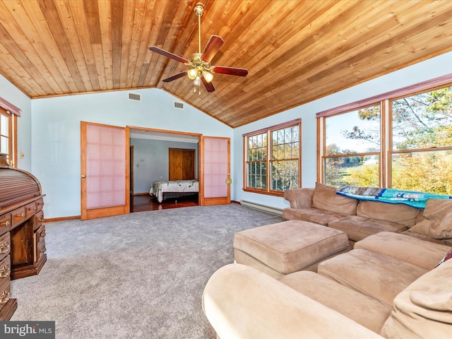 carpeted living room featuring ceiling fan, lofted ceiling, wooden ceiling, and a baseboard heating unit