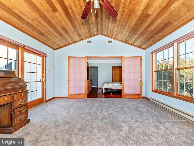 unfurnished bedroom with french doors, wood ceiling, carpet, and lofted ceiling