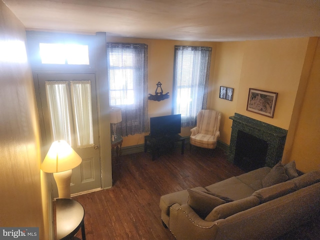 living room featuring a high end fireplace, a healthy amount of sunlight, and dark hardwood / wood-style flooring