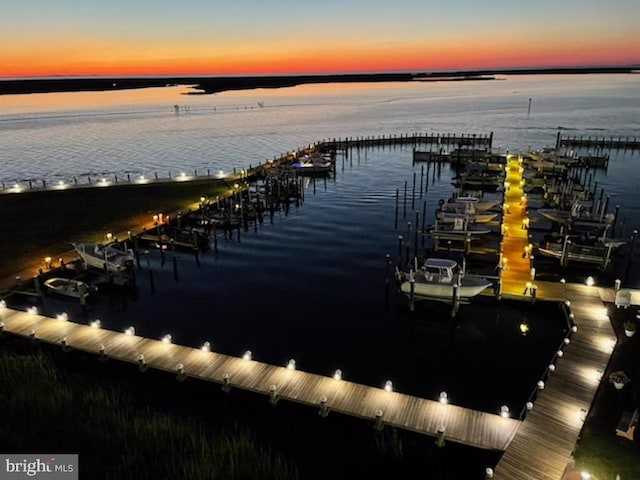 view of water feature with a dock