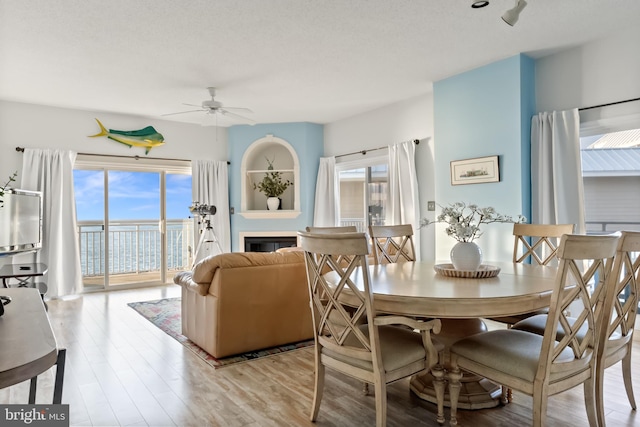 dining area with light hardwood / wood-style floors, a textured ceiling, a wealth of natural light, and ceiling fan