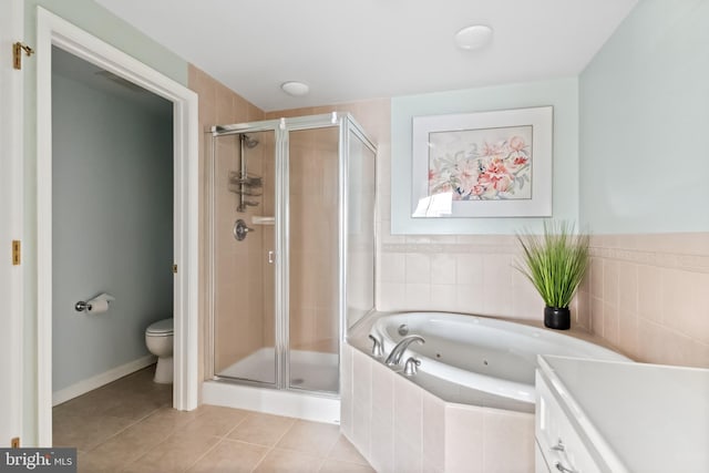 full bathroom with vanity, tile patterned floors, shower with separate bathtub, and toilet