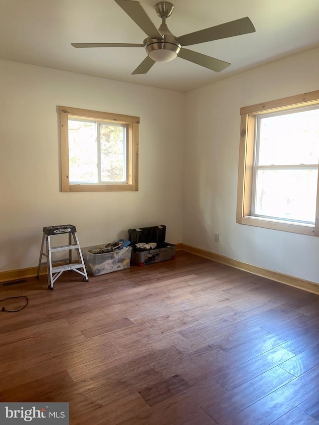 empty room featuring a wealth of natural light, light hardwood / wood-style flooring, and ceiling fan