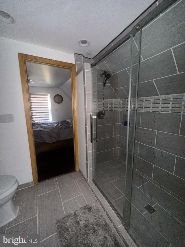 bathroom featuring toilet, lofted ceiling, and a shower with shower door