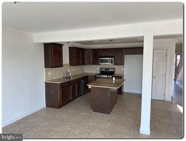 kitchen featuring appliances with stainless steel finishes, backsplash, dark brown cabinetry, sink, and a kitchen island