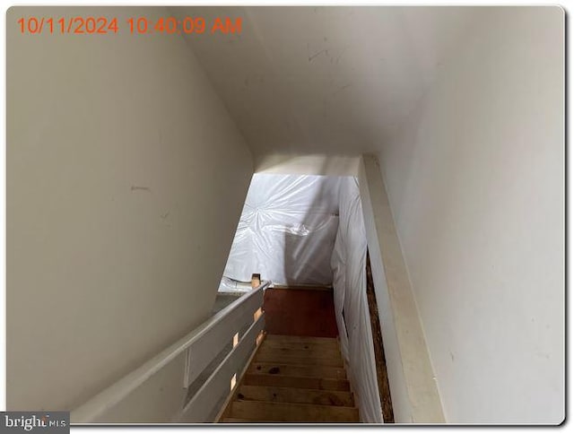 staircase with hardwood / wood-style floors