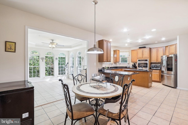 15303 Glastonbury Way, Upper Marlboro, MD 20774 - dining area featuring light tile patterned flooring, recessed lighting, a ceiling fan, and a tray ceiling