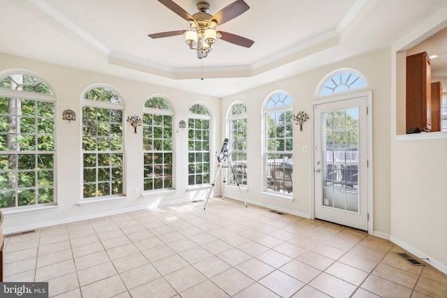 15303 Glastonbury Way, Upper Marlboro, MD 20774 - unfurnished sunroom featuring a raised ceiling, tile patterned floors, ornamental molding, and baseboards