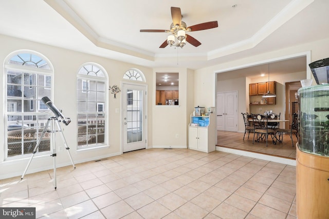 15303 Glastonbury Way, Upper Marlboro, MD 20774 - doorway to outside featuring a tray ceiling, a ceiling fan, and light tile patterned floors