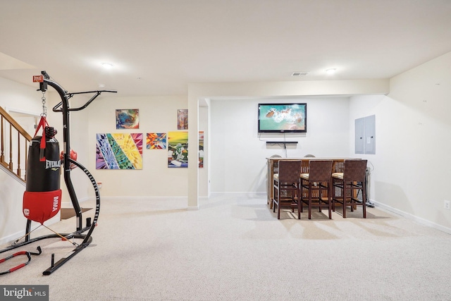 15303 Glastonbury Way, Upper Marlboro, MD 20774 - recreation room with carpet flooring, baseboards, a dry bar, and electric panel