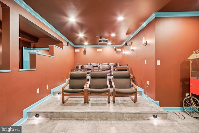 15303 Glastonbury Way, Upper Marlboro, MD 20774 - home theater featuring ornamental molding, baseboards, recessed lighting, and marble finish flooring