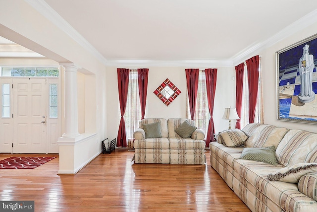 15303 Glastonbury Way, Upper Marlboro, MD 20774 - living area with ornate columns, crown molding, wood-type flooring, and baseboards