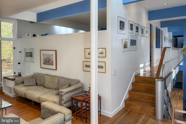 living room featuring hardwood / wood-style floors and a high ceiling