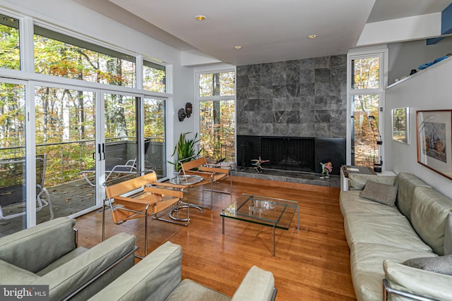 living room with wood-type flooring and a fireplace