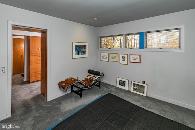 unfurnished room with dark colored carpet