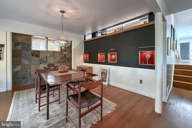 dining area with tile walls and wood-type flooring