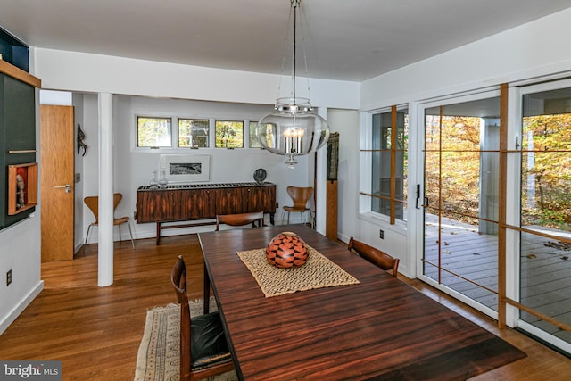 dining space with a chandelier and hardwood / wood-style flooring