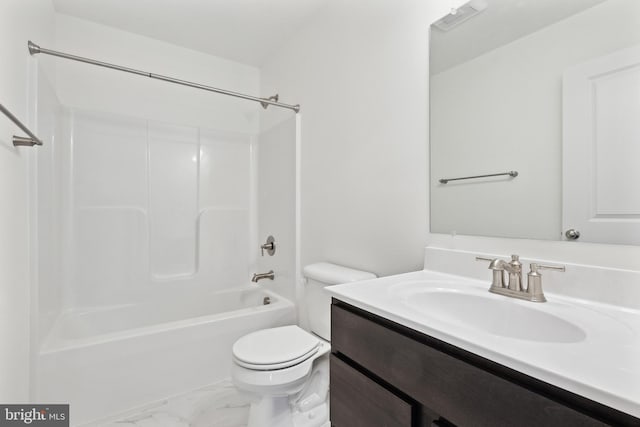 full bathroom with toilet, marble finish floor, washtub / shower combination, and vanity