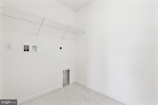 laundry area featuring marble finish floor, hookup for a washing machine, electric dryer hookup, laundry area, and baseboards