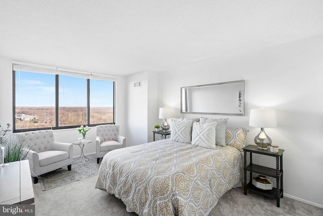 carpeted bedroom with a textured ceiling