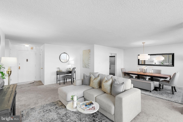 carpeted living room with a textured ceiling