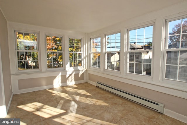 unfurnished sunroom featuring a baseboard radiator