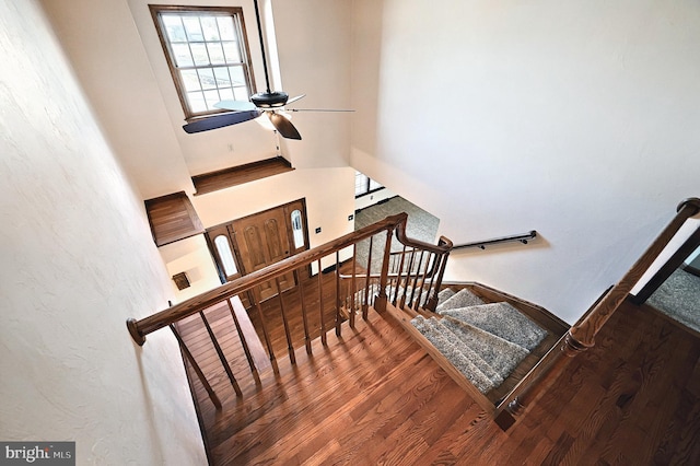 staircase with wood-type flooring and a high ceiling