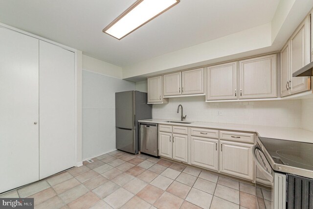 kitchen featuring backsplash, stainless steel appliances, sink, and light tile patterned floors